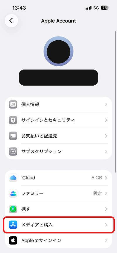 iPhone設定 アカウント画面